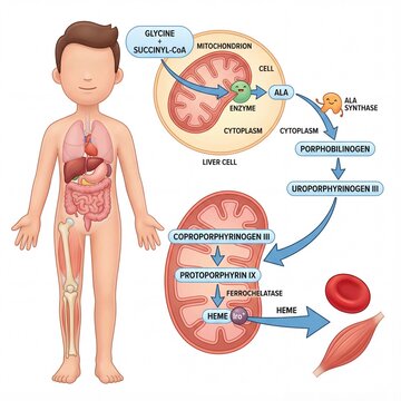 A detailed medical illustration of heme biosynthesis, showing step-by-step enzymatic pathways from glycine and succinyl-CoA to heme formation inside liver cell mitochondria and cytoplasm.
