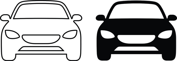Front view car icon set with outline and solid glyph style isolated on transparent background