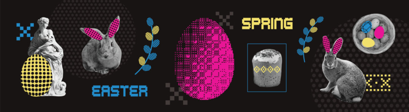 Modern Easter collage with neo-folk bunny and halftone eggs in dot matrix style. Trendy surreal spring vector elements on dark background for posters, banners, and creative holiday designs.