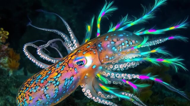 Giant squid displaying vibrant fluorescent feathers on its tentacles in a deep ocean habitat
