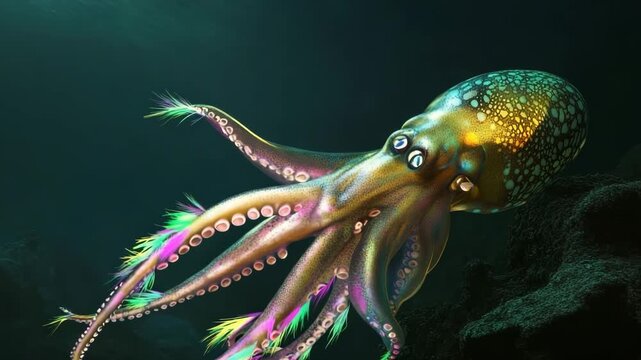 Giant squid displaying vibrant fluorescent feathers on its tentacles in a deep ocean habitat