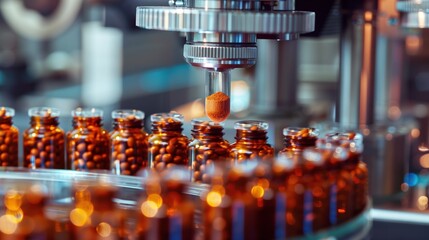 Industrial scale production line of beef organ nutritional supplements, automated filling machine dispensing brown powder into transparent gelatin capsules, quality control station with microscope 