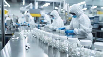Modern nutraceutical factory floor showing encapsulation process of grass-fed beef organ powder, workers in full protective gear operating precision machinery