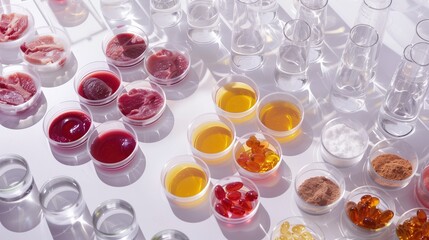 Sterile white laboratory workspace with petri dishes containing beef organ tissue samples, extraction equipment with amber-colored concentrated nutrients, glass beakers with powdered supplements
