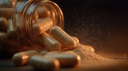Macro photography of beef organ supplement capsules spilling from a glass bottle, visible powder texture, warm studio lighting, extreme detail, shallow depth of field
