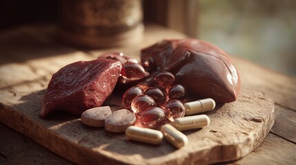 Beef organ supplements displayed with raw beef liver, heart and kidney on a wooden surface, natural light, farm-to-table concept, grass-fed beef supplements, earthy tones, shallow depth of field