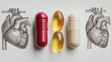 Medical-style photography of beef organ dietary supplements, capsules arranged beside anatomical diagrams of liver, heart and kidneys, clean white background, scientific nutrition concept