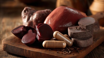 Beef organ supplements displayed with raw beef liver, heart and kidney on a wooden surface, natural light, farm-to-table concept, grass-fed beef supplements, earthy tones, shallow depth of field