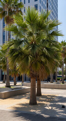 Lush fan palms contrasting with modern skyscraper architecture in a sunny city plaza.