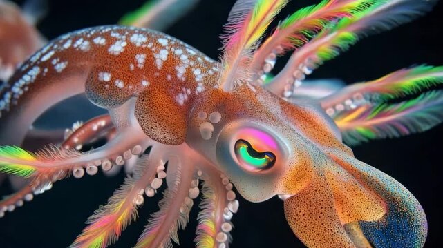Giant squid displaying vibrant fluorescent feathers on its tentacles in a deep ocean habitat