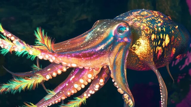 Giant squid displaying vibrant fluorescent feathers on its tentacles in a deep ocean habitat