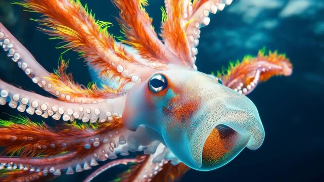 Giant squid displaying vibrant fluorescent feathers on its tentacles in a deep ocean habitat