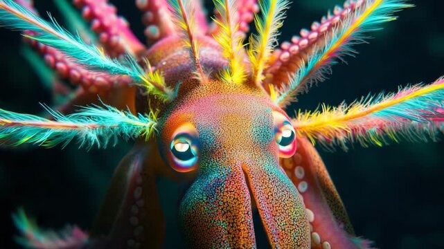 Giant squid displaying vibrant fluorescent feathers on its tentacles in a deep ocean habitat