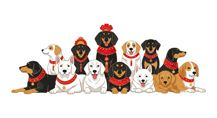 Fototapeta premium Chinese Zodiac Dog Illustration for Lunar New Year Celebration, Group of Cute Dogs with Traditional Red Collars and Ornaments, Vector Style