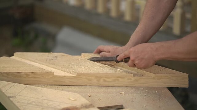 chisel. wooden board. groove in the board.Slow motion video. High quality FullHD footage