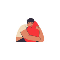 Man Hugging Red Heart Vector Illustration