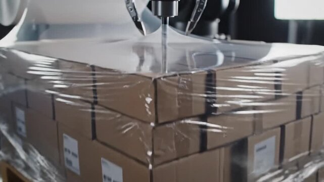 Cinematic slowmotion closeup of durable transparent industrial stretch film offering excellent puncture resistance and superior elasticity for secure pallet packaging protection in 4K resolution