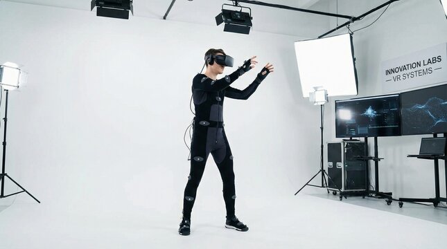 Person engaging in motion capture while wearing virtual reality headset  