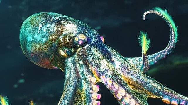 Giant squid displaying vibrant fluorescent feathers on its tentacles in a deep ocean habitat