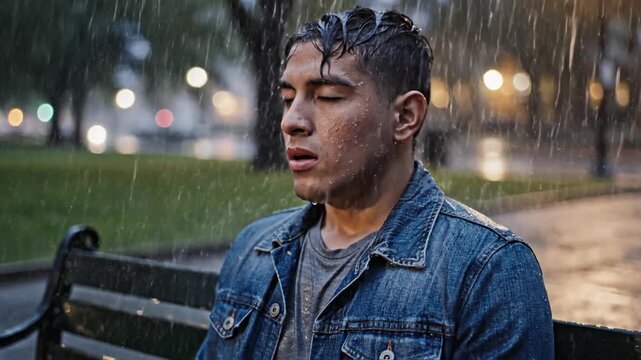 Cinematic slow motion scene of a melancholic man experiencing solitude and deep sorrow while standing alone on a rain soaked urban street at night capturing emotional solace and reflection