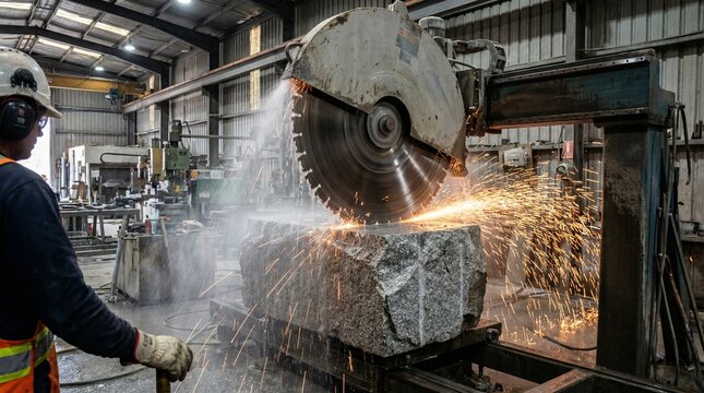 Worker operating rock cutting machine in industrial workshop  
