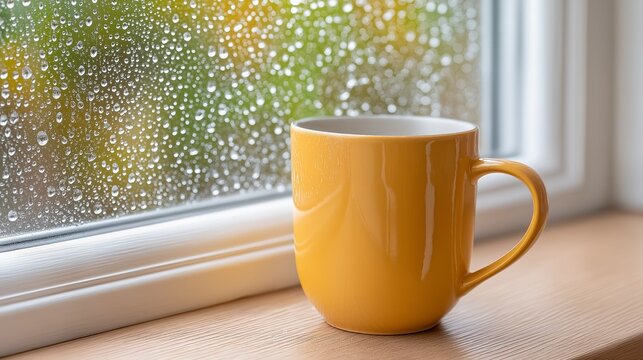 A cheerful yellow coffee mug sits on a warm wooden sill, surrounded by glistening raindrops on the window