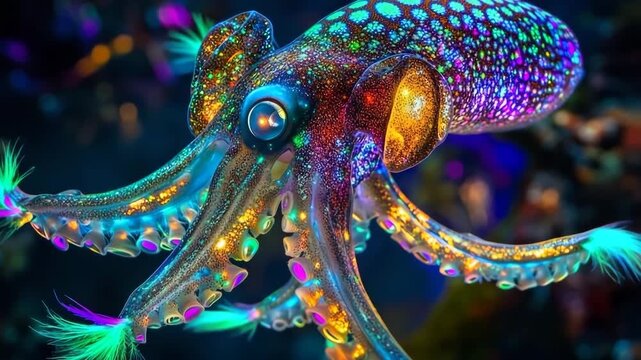 Giant squid displaying vibrant fluorescent feathers on its tentacles in a deep ocean habitat