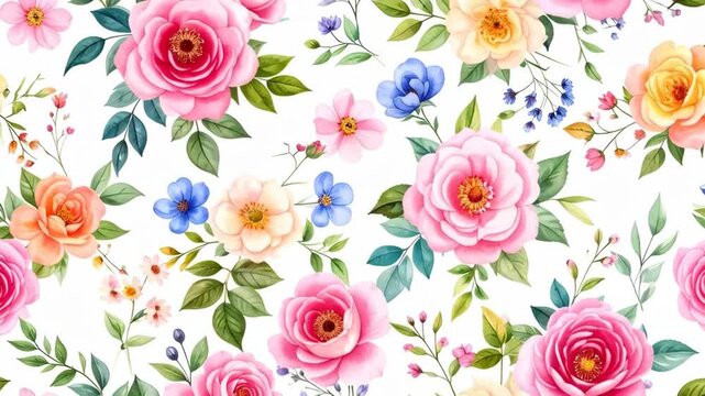 Watercolor floral pattern with pink, peach, and yellow roses and blue flowers