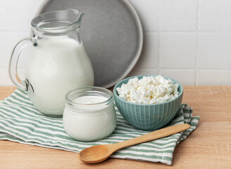 Fresh dairy products with milk yogurt and cottage cheese