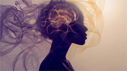 A conceptual 3D illustration of a human head silhouette featuring a glowing, translucent brain. 