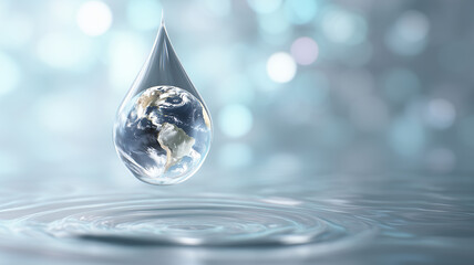 A stunning conceptual image showing the globe inside a single water drop. Themes of environmental protection, climate change awareness, sustainability, and the preciousness of natural resources.