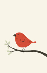 Simplistic vector art of a red bird on a branch, minimalist avian wildlife illustration with copy space, modern nature graphic design, vibrant cardinal sitting on a seasonal twig