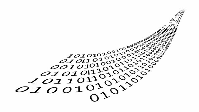 Binary code stream flowing in a curved trajectory, representing digital data and technology concepts
