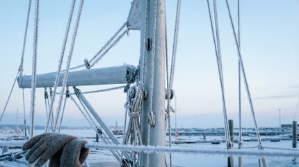 Obraz premium Sailboat mast covered in frost against winter marina background 