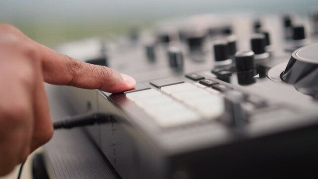 Closeup black hands tapping drum pads on compact controller, knobs and fader blurred, cable plugged, daylight outdoor setup, focused street DJ sampling lofi loops, precise finger hits, minimal
