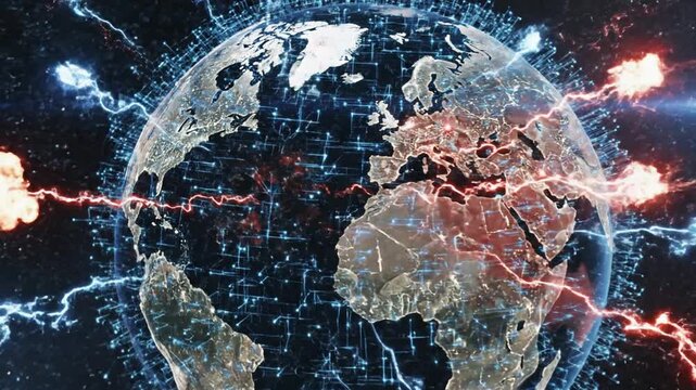 Cinematic digital illustration depicting global cyber warfare implication with interconnected data stream across world map network communication security threat concept background