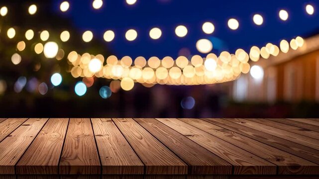 Wooden table surface against a bokeh background of string lights at night
