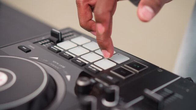 Closeup black hands on DJ controller pads, practicing precise finger drumming and mixing in intimate studio environment, warm lighting, tactile focus on pads and crossfader, attentive producer
