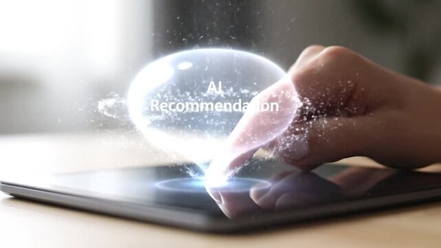 User Interface Concept Showing Hand Touching Tablet to Activate AI Recommendation Hologram for Personalized Digital Services