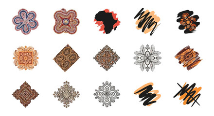 Assorted abstract swirl logos and symbols in various colors and patterns on a white background