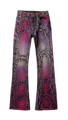 Reptilian flair snake-skin patterned jeans in vibrant reds and grays, bell bottoms