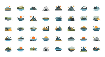 Collection of Mountain Lake Icons Set in Various Styles and Views