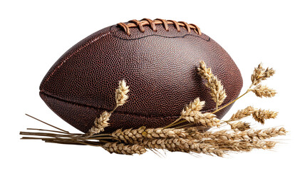 American football rests atop wheat stalks. Black background. Detailed