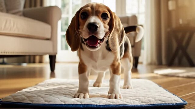 Cinematic slow motion capture of premium leakproof absorbent puppy training pads on indoor floor providing superior hygiene protection for domestic canine education and housebreaking