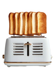 Slices of bread overflow from a shiny, retro-style white toaster