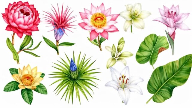 Collection of watercolor tropical exotic flowers and green leaves on white background