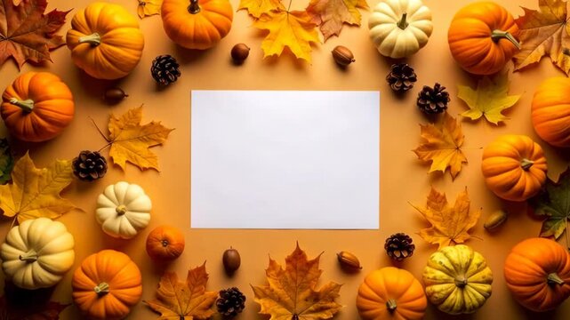 Autumn decoration frame with pumpkins, leaves, pine cones and blank paper copy space