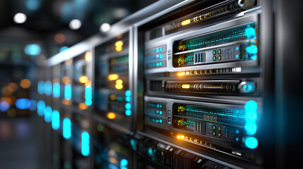 Fototapeta premium Quantum server network with quantum computer machine, server room infrastructure, advanced computing facility, technological datacenter, defocused server racks, with copy space
