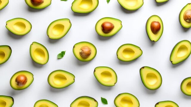 Fresh Ripe Avocado Halves Patterned on White Background