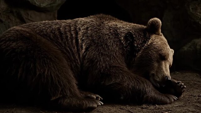 A large brown bear resting on the ground in a dark environment.